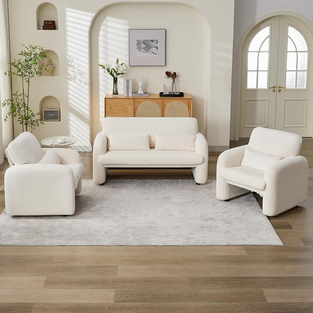 Corduroy Fabric Accent Chair, Modern Upholstered Living Room Chairs with Lumbar Pillow, Wide Comfy Leisure Armchair for Bedroom, Office, Reading