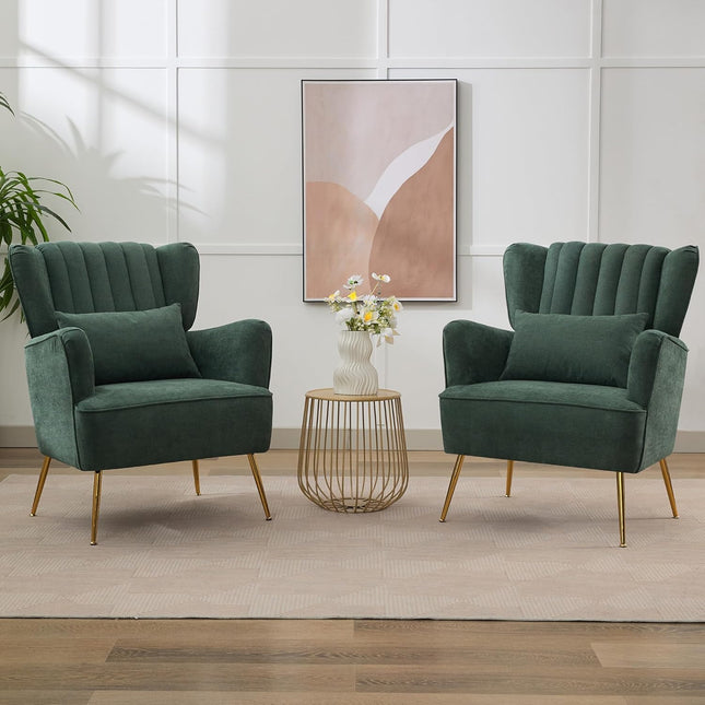 Fabric Accent Living Room Arm Chair Set of 2 Mid Century Modern Chairs with Pillow & Golden Legs, 8.5" Thick Cushion, Upholstered Comfy Sofa Armchair for Reading Room/Bedroom