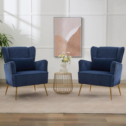 Fabric Accent Living Room Arm Chair Set of 2 Mid Century Modern Chairs with Pillow & Golden Legs, 8.5" Thick Cushion, Upholstered Comfy Sofa Armchair for Reading Room/Bedroom