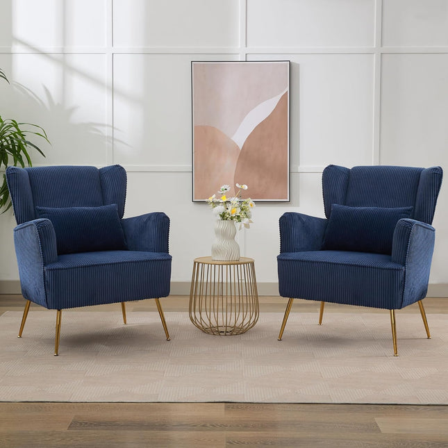 Fabric Accent Living Room Arm Chair Set of 2 Mid Century Modern Chairs with Pillow & Golden Legs, 8.5" Thick Cushion, Upholstered Comfy Sofa Armchair for Reading Room/Bedroom