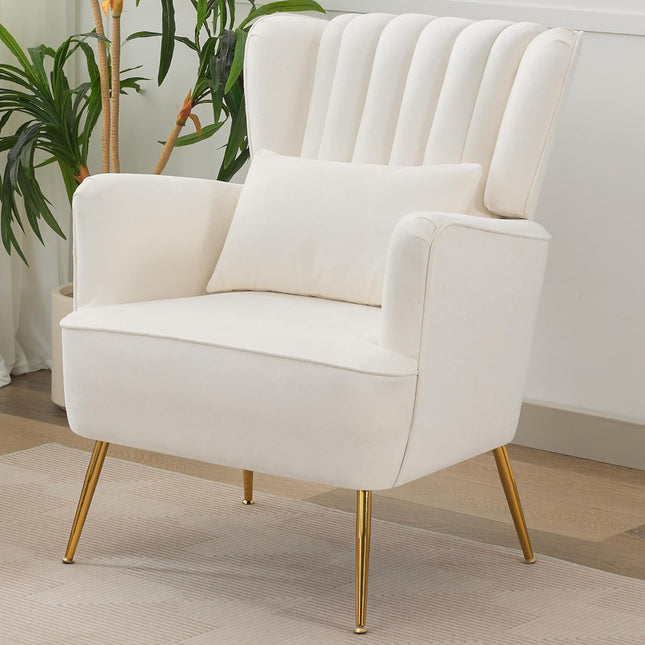 Fabric Accent Living Room Arm Chair Set of 2 Mid Century Modern Chairs with Pillow & Golden Legs, 8.5" Thick Cushion, Upholstered Comfy Sofa Armchair for Reading Room/Bedroom