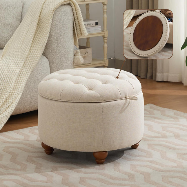24" 30''Round Storage Ottoman with Tray, Modern Tufted Fabric Circle Coffee Table with Storage, Upholstered Ottoman with Removable Top for Living Room, Bedroom