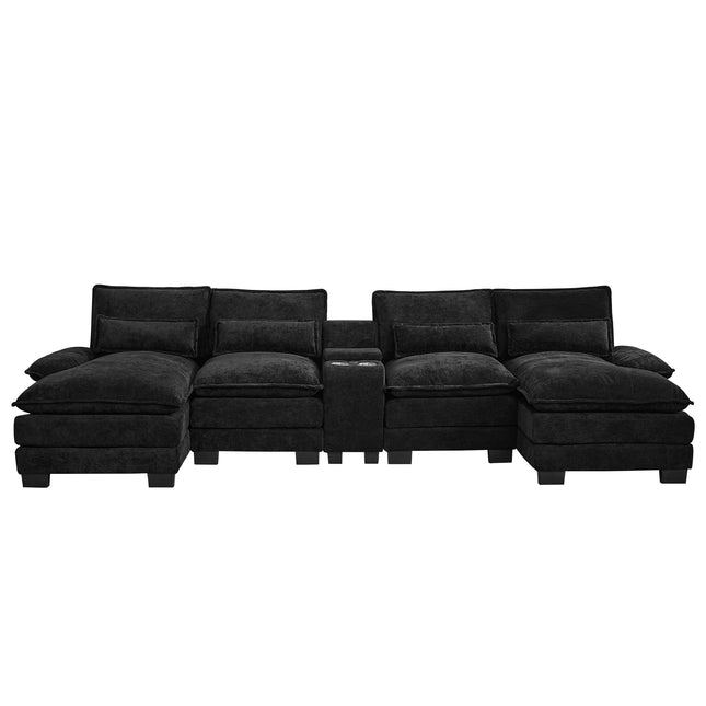 125'' U Shaped Cloud Modular Sofa with Chaise Lounges, Chenille Upholstered Comfy Sectional Couch with Storage Console, USB Charging Ports & Cup Holders, Modern Deep Seat Sofa for Living Room