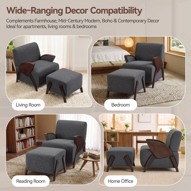 Upholstered Accent Chair with Curved Wooden Armrests, Thick Padded Seat and High Backrest