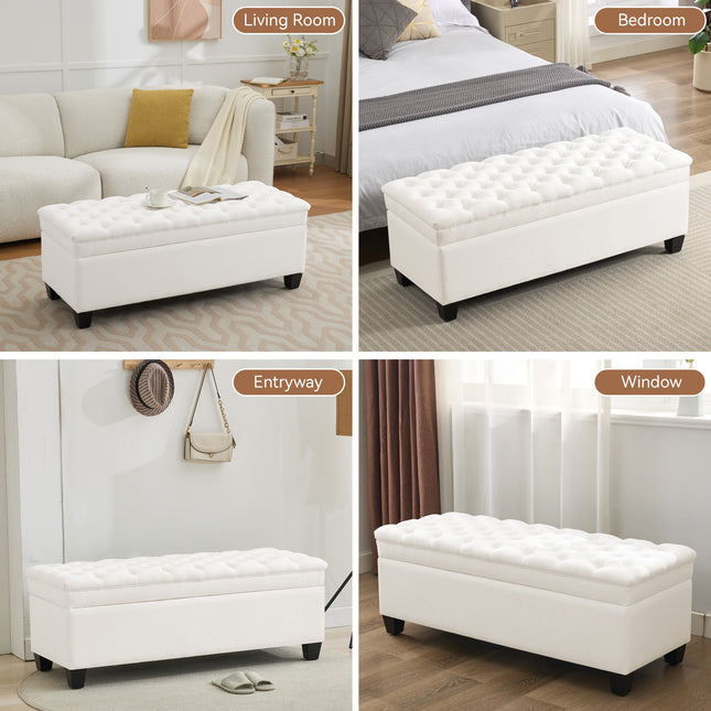 51" Fabric Storage Ottoman Bench, Upholstered Rectangle End of Bed Storage Ottoman Tufted Living Room Bedroom Bench with Safety Hinge, Solid Wood Legs, Loads 500 lb