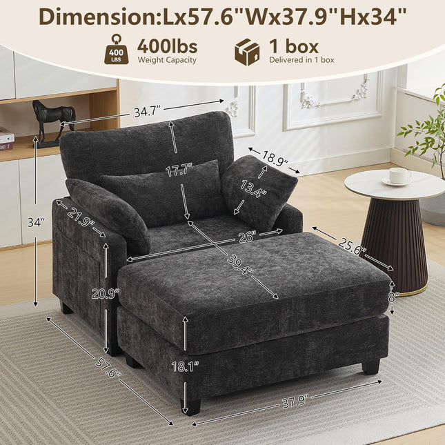 57.5" Oversized Chaise Lounge with Ottoman Indoor, Grey Reading Chair with Ottoman & Sofa Bed, Chenille Upholstered Comfy Sleeper Chair for Living Room, Bedroom, Office