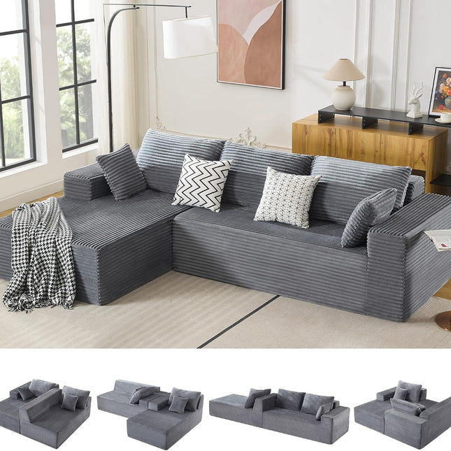110" Boneless Sectional Couch with Chaise Lounge, Cloud Couch Compressed Sofa L Shape, No Assembly Memory Foam Sofa for Living Room
