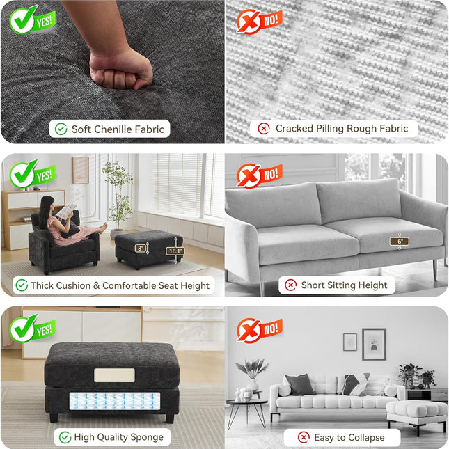 57.5" Oversized Chaise Lounge with Ottoman Indoor, Grey Reading Chair with Ottoman & Sofa Bed, Chenille Upholstered Comfy Sleeper Chair for Living Room, Bedroom, Office