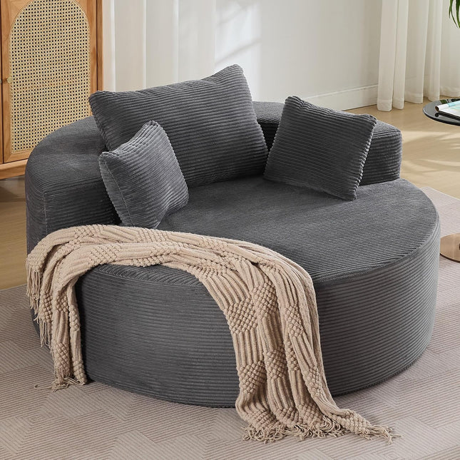 55''Oversized Round Boneless Chaise Lounge Chair,Corduroy Modern Floor Sofa Deep Seat, Compressed Circle Comfy Barrel Chair, No Assembly Sleeper Cloud Sofa Couch Bed for Living Room, Bedroom