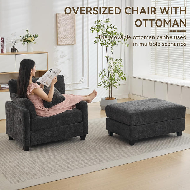 57.5" Oversized Chaise Lounge with Ottoman Indoor, Grey Reading Chair with Ottoman & Sofa Bed, Chenille Upholstered Comfy Sleeper Chair for Living Room, Bedroom, Office