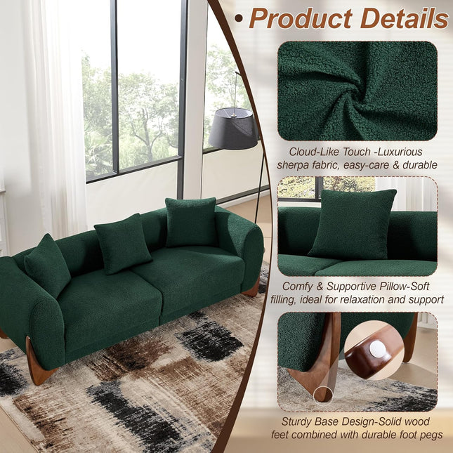 87" Sherpa Boucle Cloud Couch Modern 3 Seater Sofa with Solid Wood Legs, 25" Extra Deep Seat, Comfy Thick Cushion Upholstered Sofa Couches with 3 Pillows for Living Room