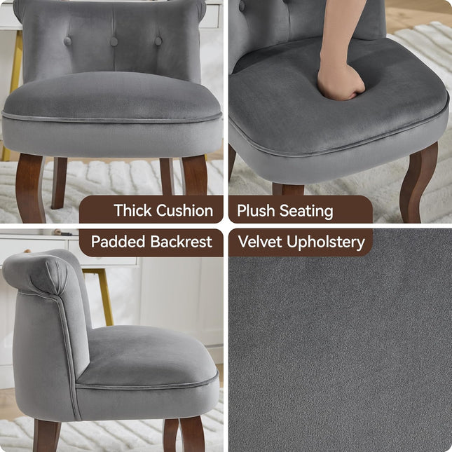 Velvet Vanity Chair with Back, Tufted Upholstered Vanity Stool with Solid Wood Legs, Mid Century Small Makeup Chair for Vanity, Accent Chair for Bedroom, Living Room