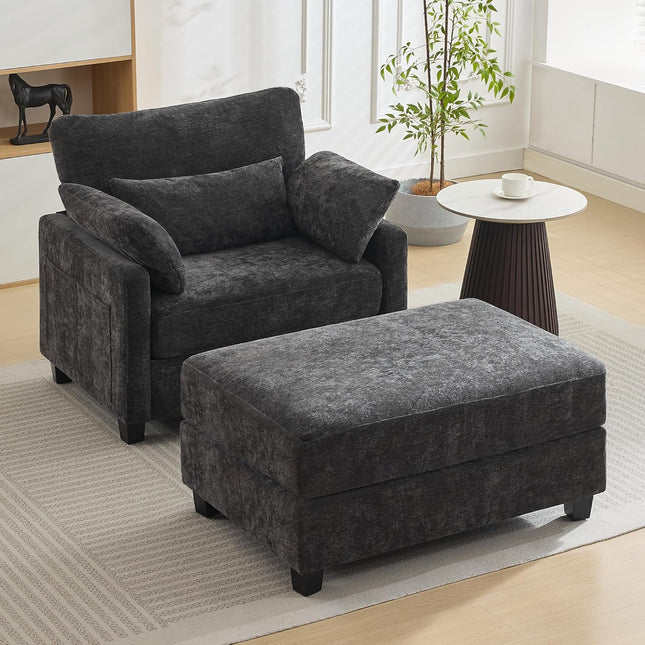 57.5" Oversized Chaise Lounge with Ottoman Indoor, Grey Reading Chair with Ottoman & Sofa Bed, Chenille Upholstered Comfy Sleeper Chair for Living Room, Bedroom, Office