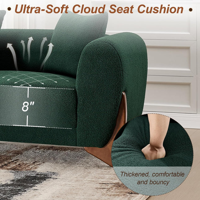 87" Sherpa Boucle Cloud Couch Modern 3 Seater Sofa with Solid Wood Legs, 25" Extra Deep Seat, Comfy Thick Cushion Upholstered Sofa Couches with 3 Pillows for Living Room