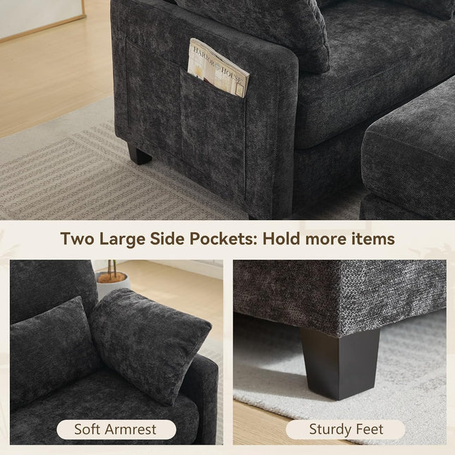 57.5" Oversized Chaise Lounge with Ottoman Indoor, Grey Reading Chair with Ottoman & Sofa Bed, Chenille Upholstered Comfy Sleeper Chair for Living Room, Bedroom, Office