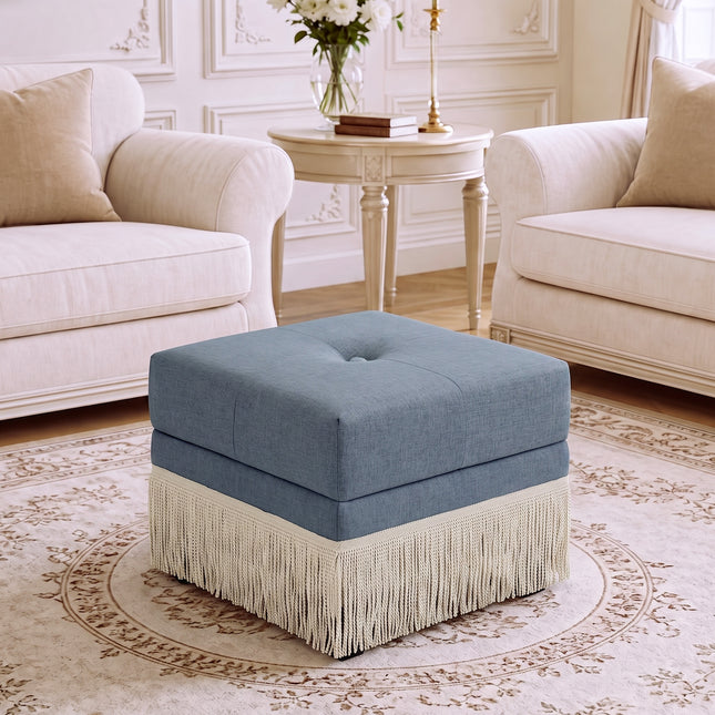 Upholstered Ottoman with Fringe Trim, Tufted Cushion, Wooden Legs and Safety Support Hinge
