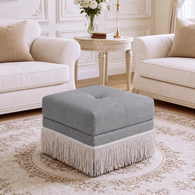 Upholstered Ottoman with Fringe Trim, Tufted Cushion, Wooden Legs and Safety Support Hinge