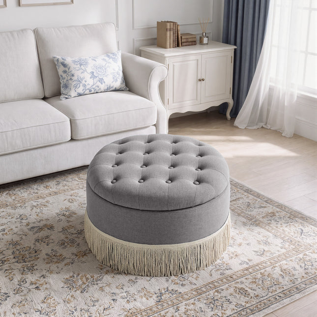 Upholstered Ottoman with Fringe Trim, Tufted Cushion, Wooden Legs and Safety Support Hinge