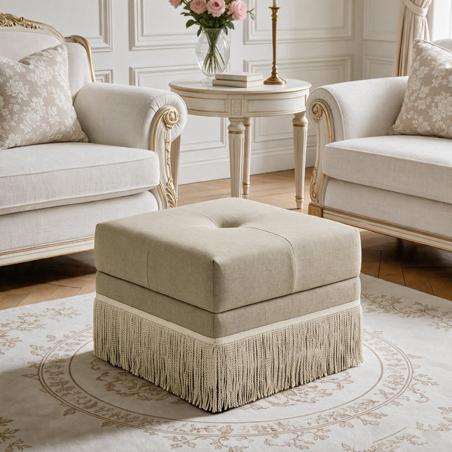 Upholstered Ottoman with Fringe Trim, Tufted Cushion, Wooden Legs and Safety Support Hinge