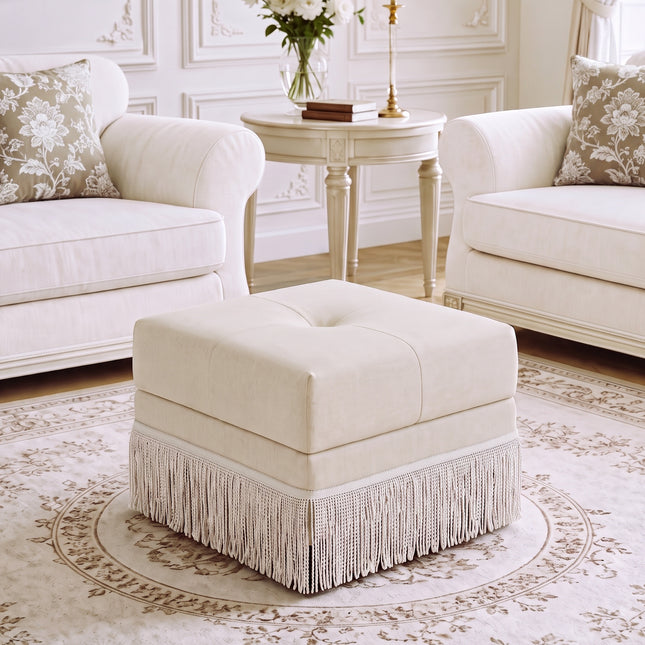 Upholstered Ottoman with Fringe Trim, Tufted Cushion, Wooden Legs and Safety Support Hinge