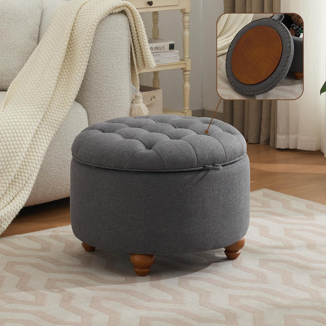 24" 30''Round Storage Ottoman with Tray, Modern Tufted Fabric Circle Coffee Table with Storage, Upholstered Ottoman with Removable Top for Living Room, Bedroom
