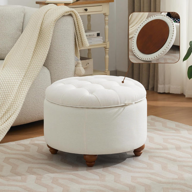 24" 30''Round Storage Ottoman with Tray, Modern Tufted Fabric Circle Coffee Table with Storage, Upholstered Ottoman with Removable Top for Living Room, Bedroom