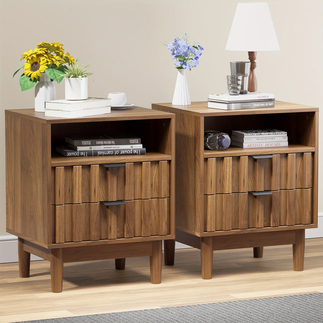 Fluted Nightstand, Night Stand With Solid Wood Legs, Bedside Table With 2 Storage Drawers And Open Wood Shelf, Modern End Side Table For Bedroom, Living Room, Walnut