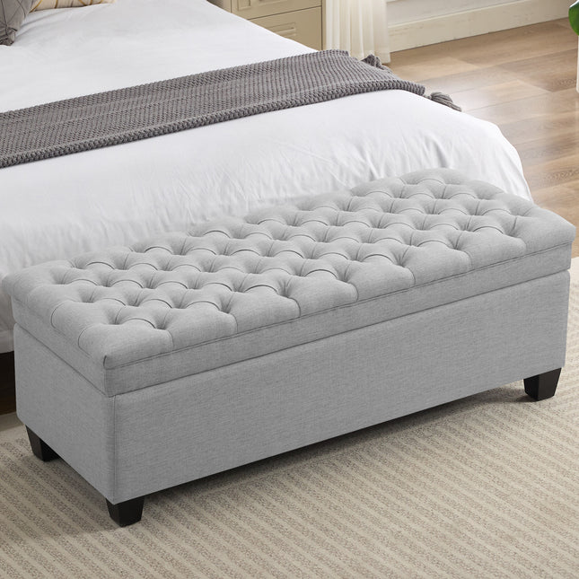 51" Fabric Storage Ottoman Bench, Upholstered Rectangle End of Bed Storage Ottoman Tufted Living Room Bedroom Bench with Safety Hinge, Solid Wood Legs, Loads 500 lb