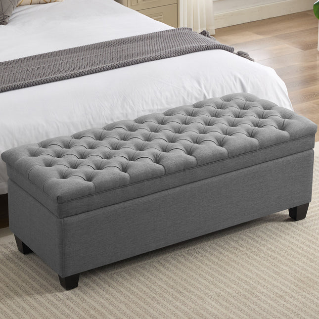 51" Fabric Storage Ottoman Bench, Upholstered Rectangle End of Bed Storage Ottoman Tufted Living Room Bedroom Bench with Safety Hinge, Solid Wood Legs, Loads 500 lb