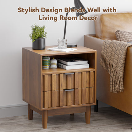 Fluted Nightstand, Night Stand With Solid Wood Legs, Bedside Table With 2 Storage Drawers And Open Wood Shelf, Modern End Side Table For Bedroom, Living Room, Walnut