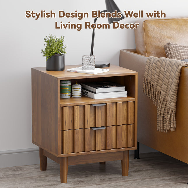 Fluted Nightstand, Night Stand With Solid Wood Legs, Bedside Table With 2 Storage Drawers And Open Wood Shelf, Modern End Side Table For Bedroom, Living Room, Walnut