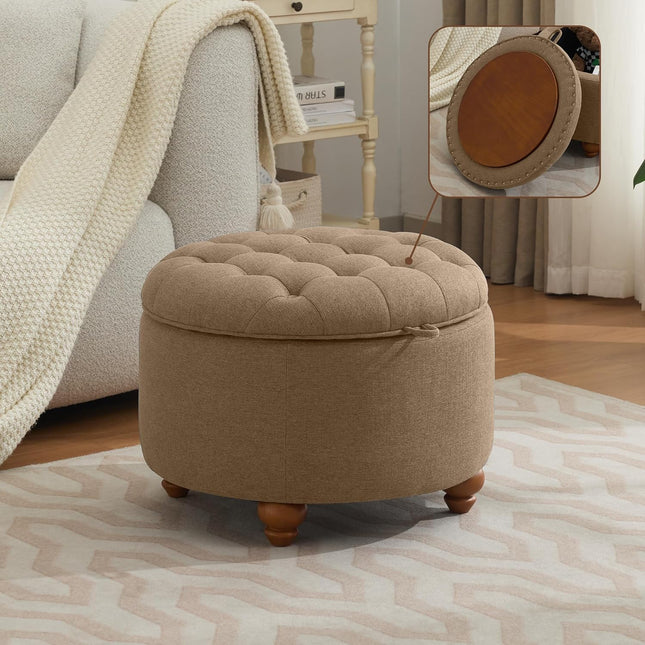24" 30''Round Storage Ottoman with Tray, Modern Tufted Fabric Circle Coffee Table with Storage, Upholstered Ottoman with Removable Top for Living Room, Bedroom