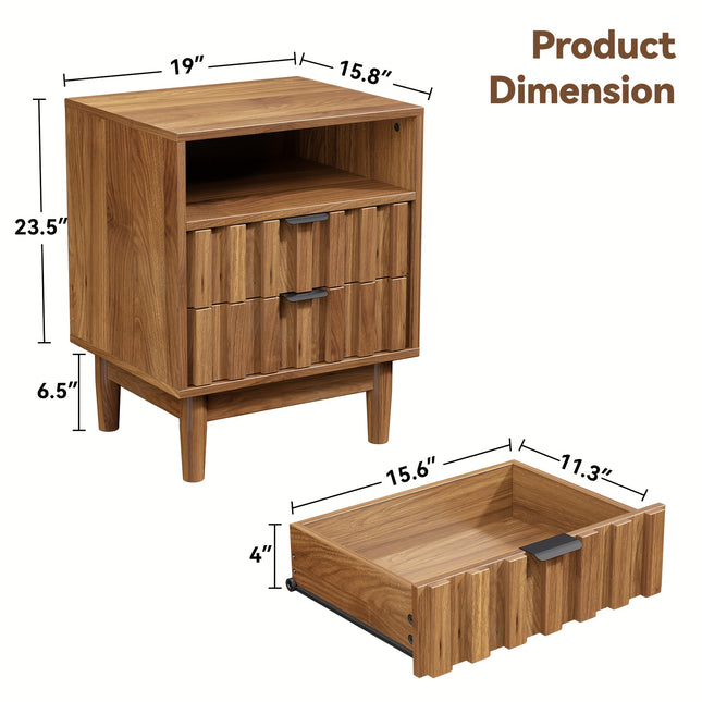Fluted Nightstand, Night Stand With Solid Wood Legs, Bedside Table With 2 Storage Drawers And Open Wood Shelf, Modern End Side Table For Bedroom, Living Room, Walnut