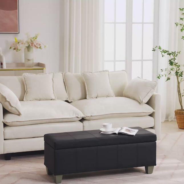 41" 51'' Faux Leather Storage Ottoman, Stitch Tufted Rectangle Upholstered End of Bed Storage Bench, Entryway Large Couch Ottoman with Wooden Legs