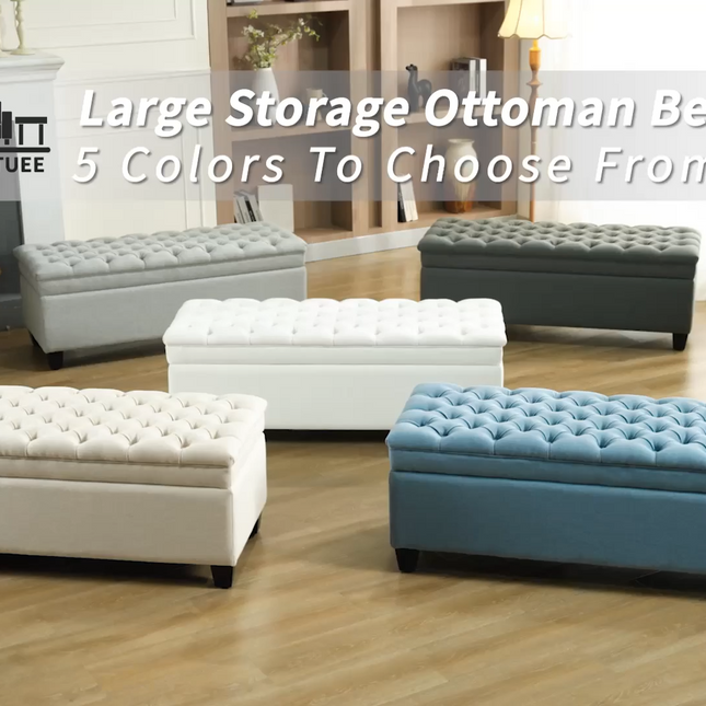 51" Fabric Storage Ottoman Bench, Upholstered Rectangle End of Bed Storage Ottoman Tufted Living Room Bedroom Bench with Safety Hinge, Solid Wood Legs, Loads 500 lb
